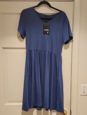 NWT Huukeay Blue V-Neck Short Sleeve Midi Dress Perfect For Travel & Picnics